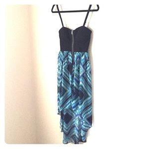 Material girl Black & blue pattern high-low dress